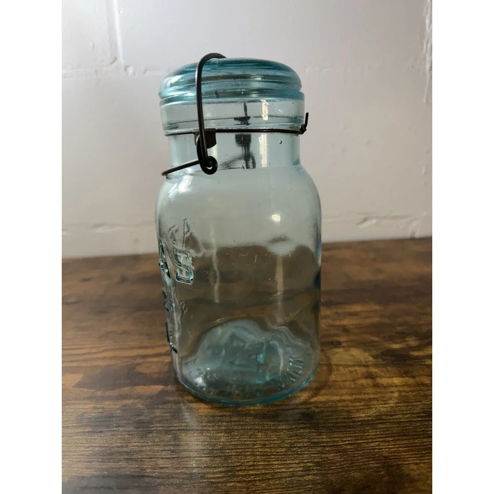 Antique Atlas E-Z Seal Aqua Blue Glass Canning Jar Wire Bail Glass Lid